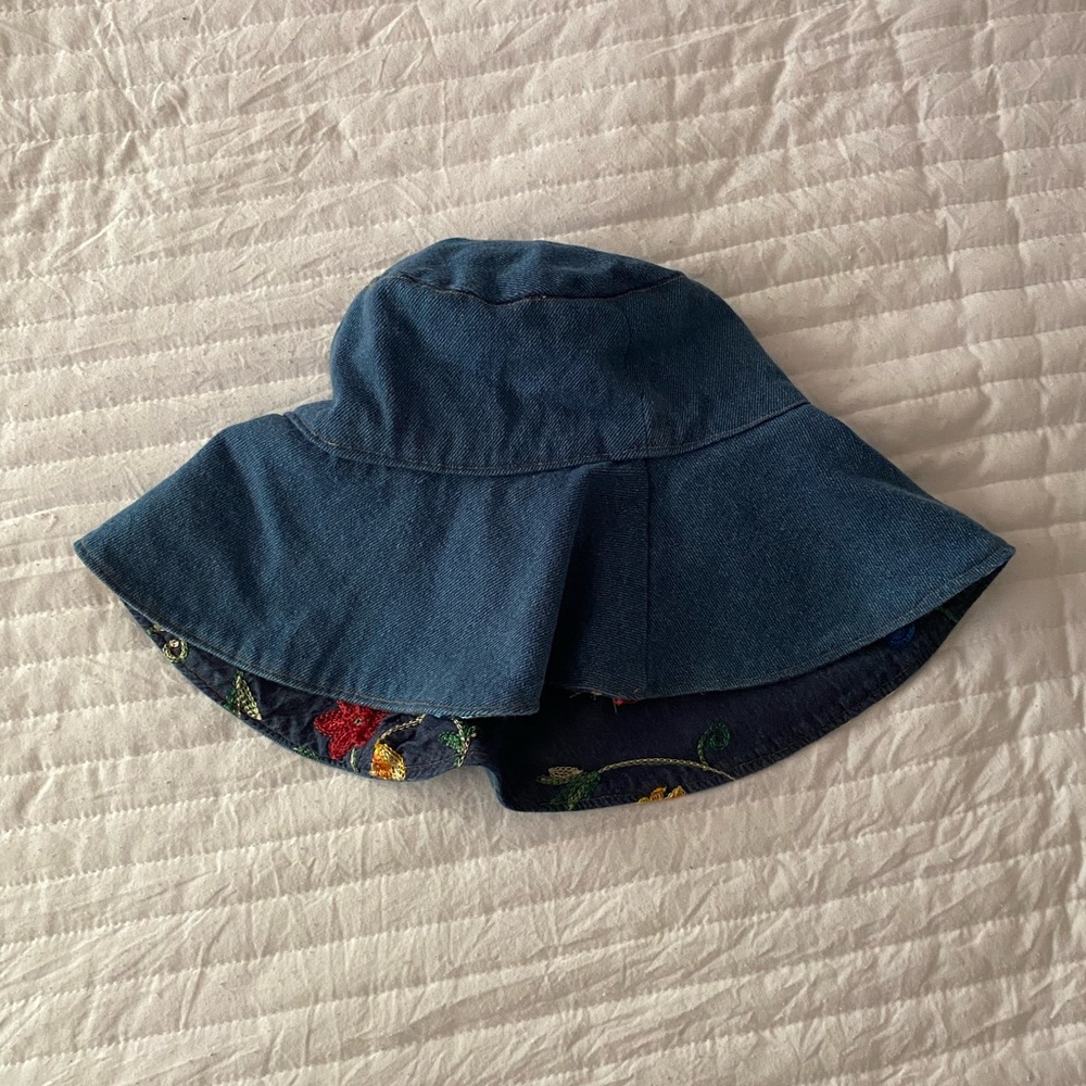 Denim Reversible Floral Embroidered Bucket Hat - Blue